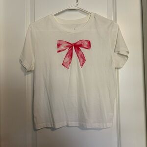 White Cropped Goodie Two Sleeves Pink Bow Short Sleeve T-Shirt - Size Large